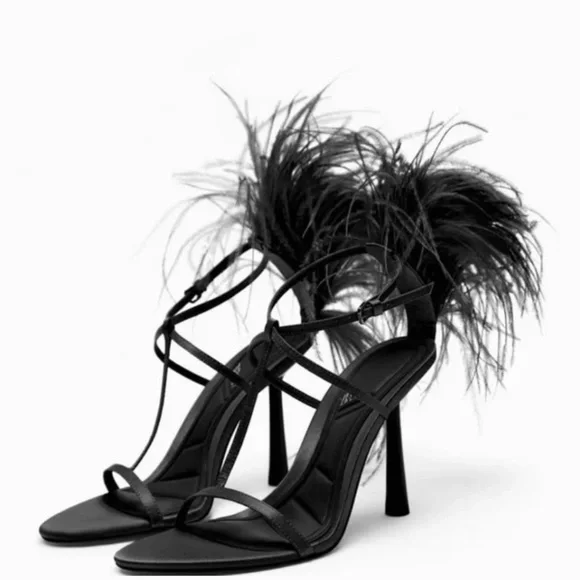 Zara Shoes Zara Limited Edition Black Feather Sandal For Party